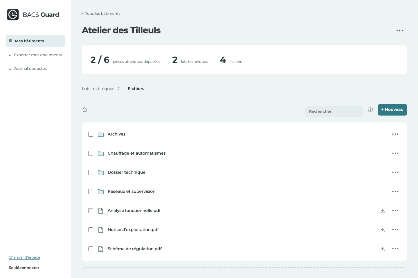 Espace client BACS Guard actuel : fichiers de l’Atelier des Tilleuls, dossiers, recherche et documents techniques.