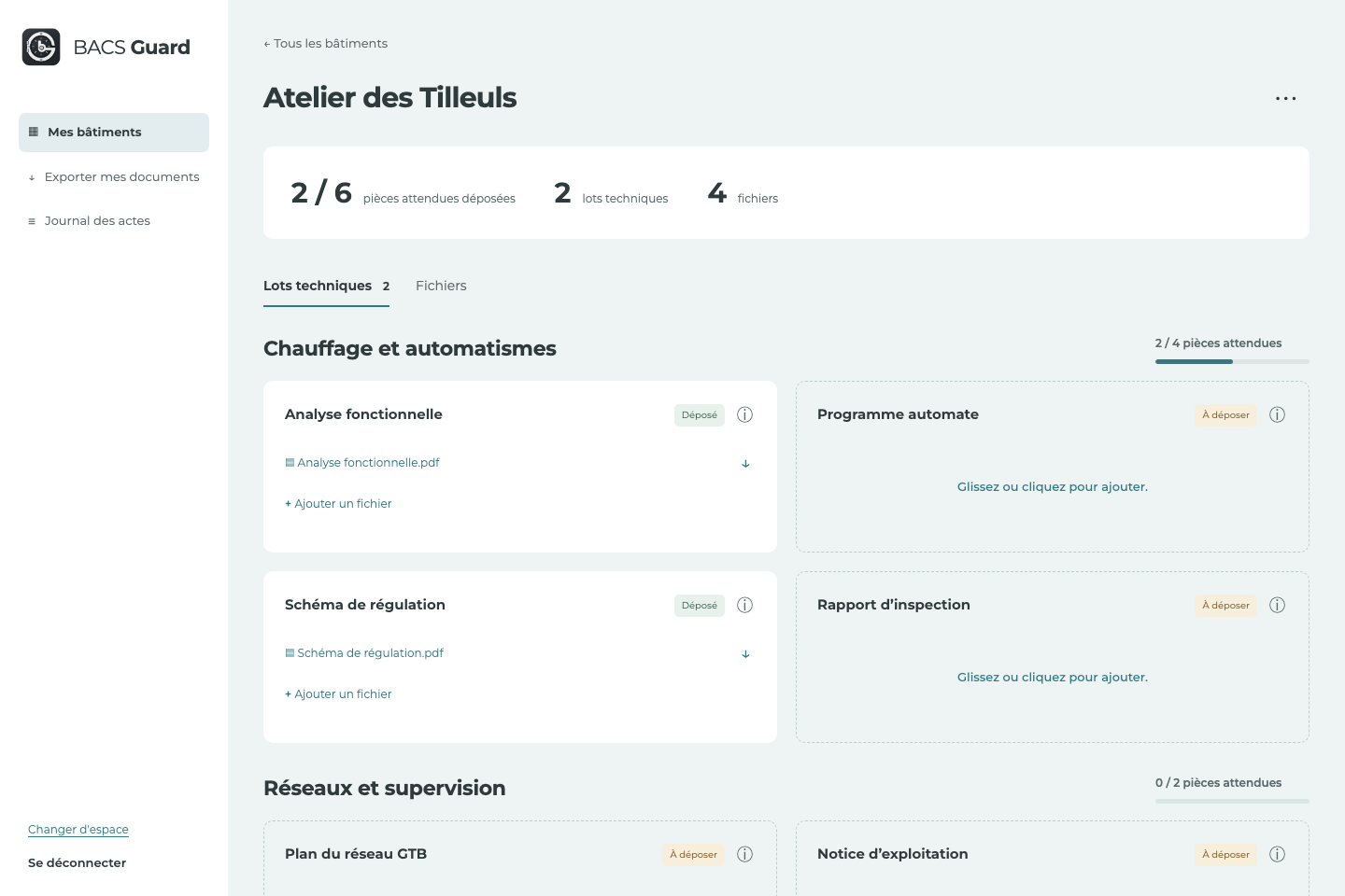 Fiche actuelle d’un bâtiment : lots techniques, analyse fonctionnelle et schéma déposés, programme automate et rapport d’inspection à déposer.