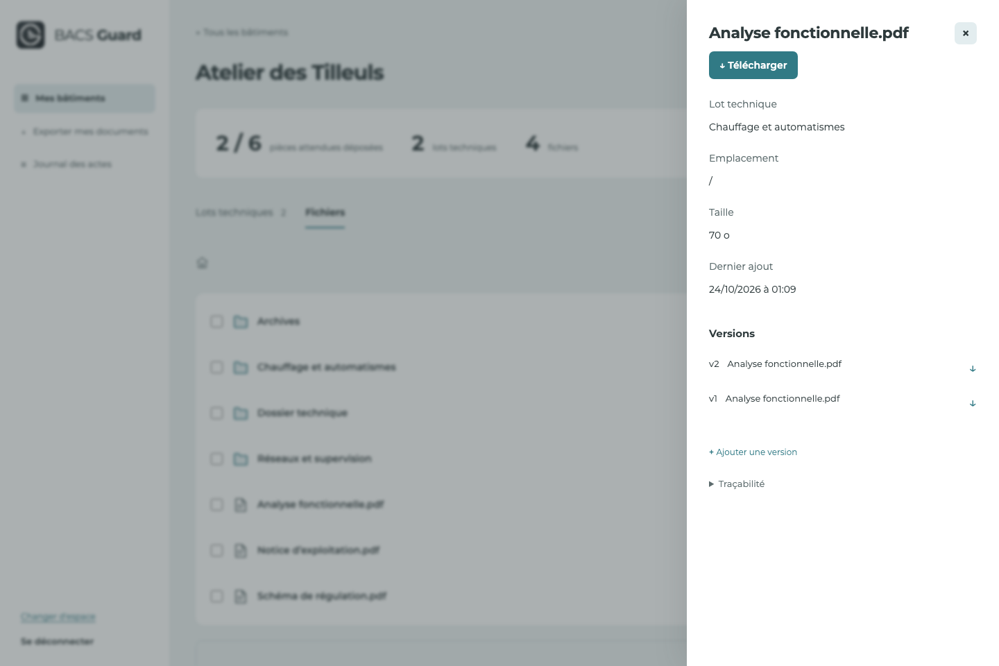 Explorateur de fichiers actuel avec le panneau de l’analyse fonctionnelle ouvert : emplacement, téléchargement et versions v2 et v1.